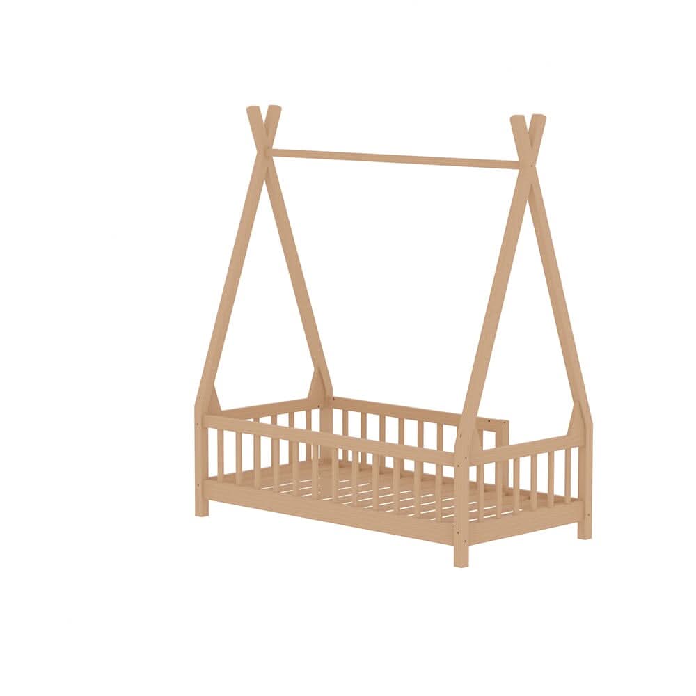 Wood House Bed Frame Low Platform Kids Bed with Safety Fence