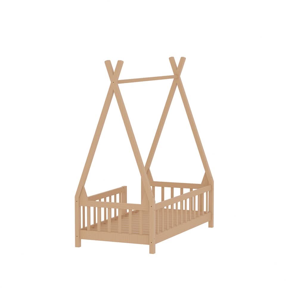 Wood House Bed Frame Low Platform Kids Bed with Safety Fence