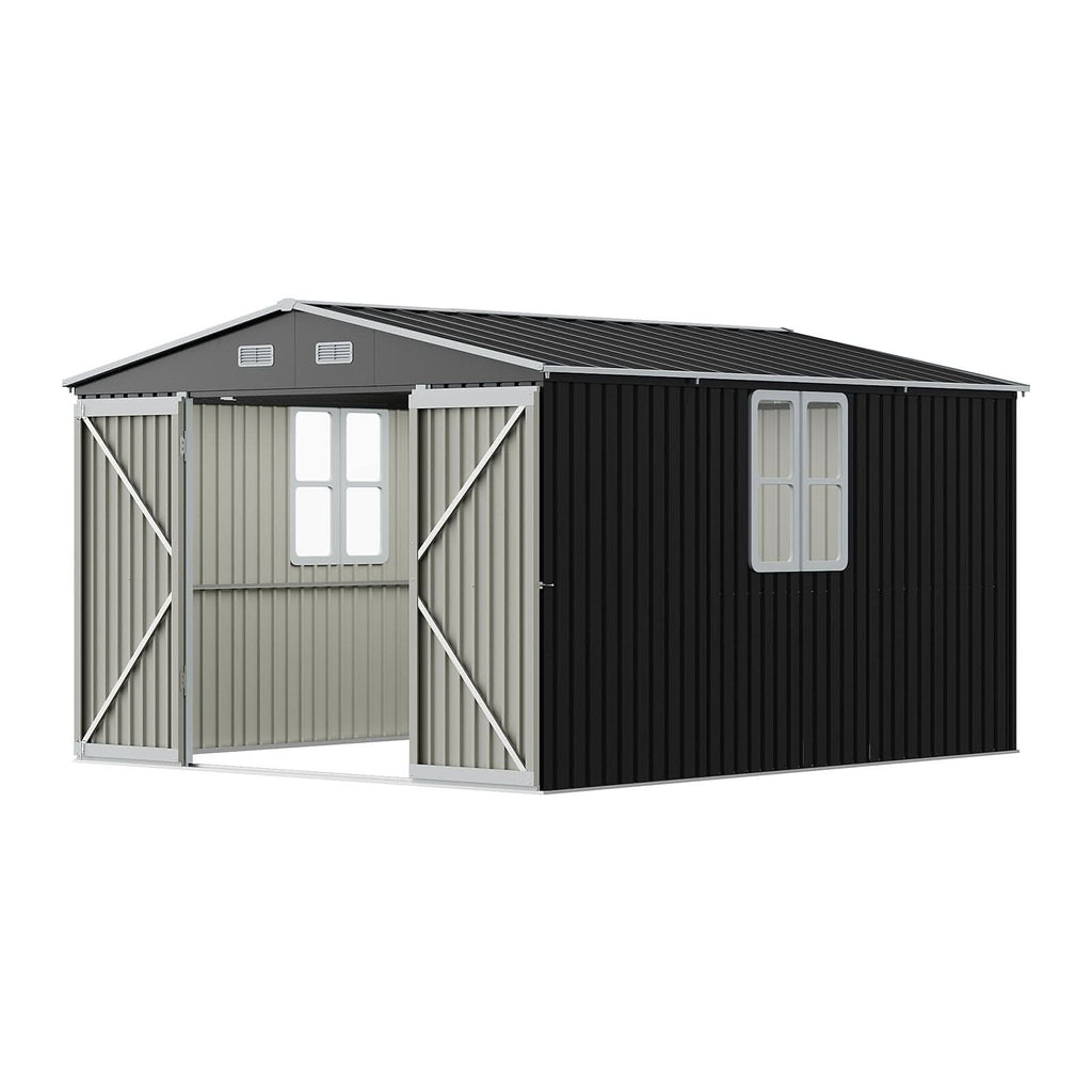 12x10ft / 10x12ft / 10x16ft Charcoal Black Galvanized Steel Storage Shed with Double Lockable Doors & Grid Windows