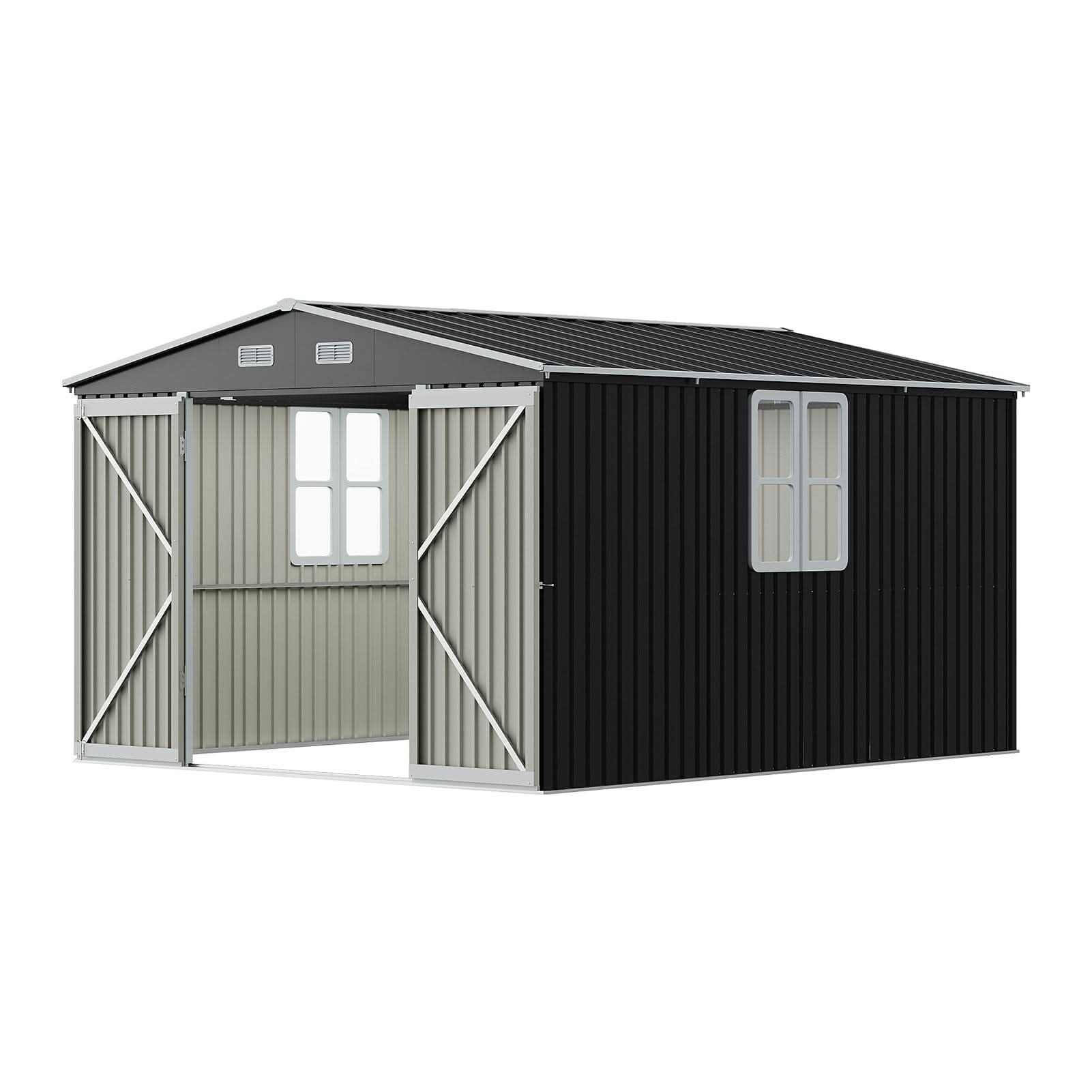 12x10ft / 10x12ft / 10x16ft Charcoal Black Galvanized Steel Storage Shed with Double Lockable Doors & Grid Windows