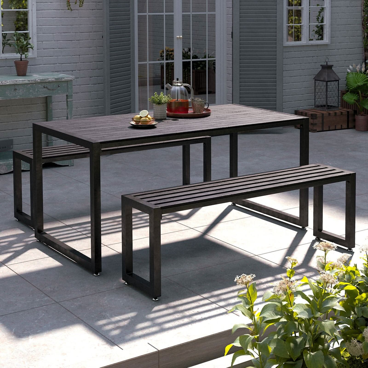 6 - Person 150cm Long Iron Outdoor Dining Set Garden Table and Bench