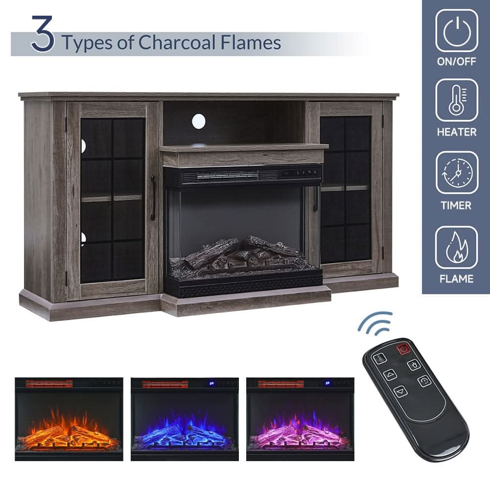 Smallbee Panoramic Glass Fireplace TV Stand with Storage Cabinets, Customizable Flames & Remote Control