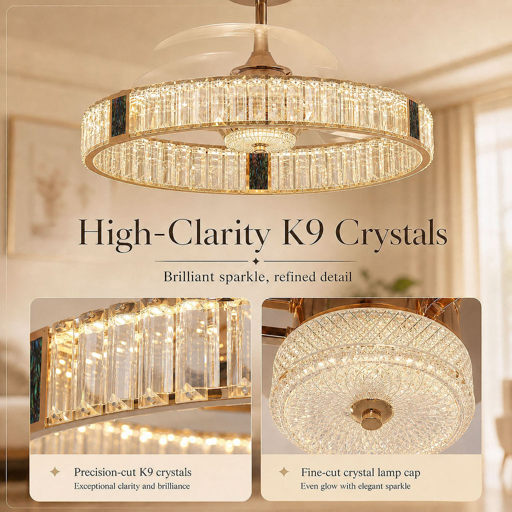 Lightsin 60cm Gold Crystal Ceiling Fan with LED Light, Remote Control & 6 Speeds
