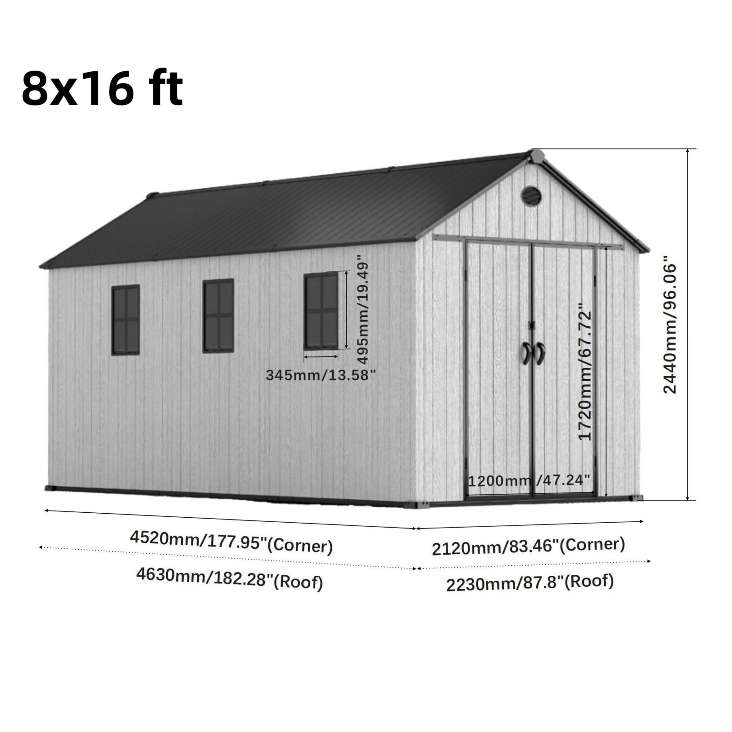 6'x8'ft/8'x8'ft/8'x12'ft/8'x16'ft Gray Wood Grain Plastic Tool Shed