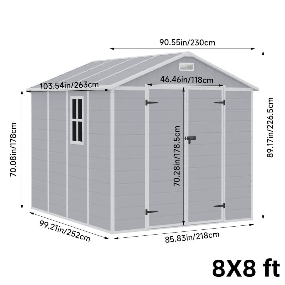 8x6ft / 8x8ft Plastic Outdoor Apex Roof Tool Shed with Dual-door (Ver.2)