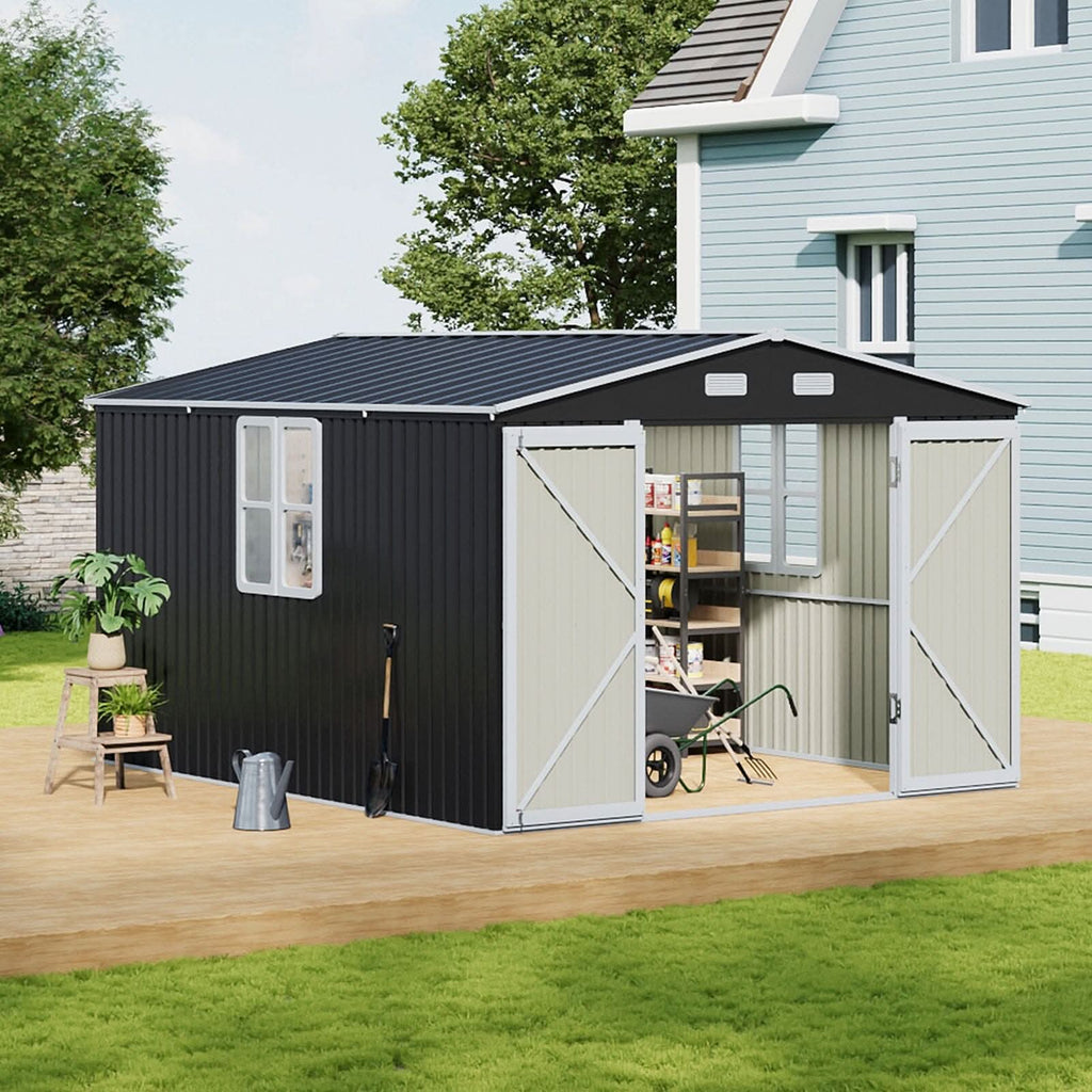 12x10ft / 10x12ft / 10x16ft Charcoal Black Galvanized Steel Storage Shed with Double Lockable Doors & Grid Windows