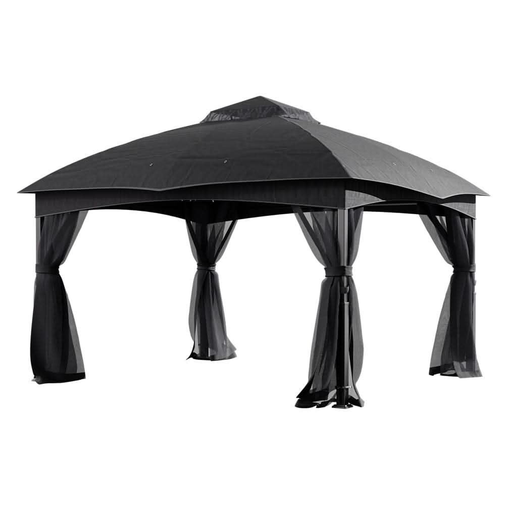 13ft Metal Pergola Refined Deep Gray with Enclosed Mesh Drapes