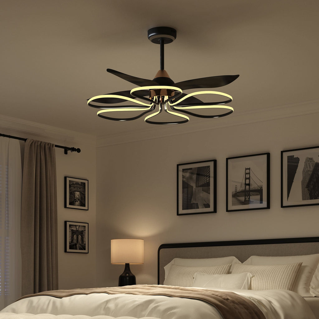 Lightsin 36-inch Black Modern Petal LED Ceiling Fan with Light - 6-Speed with Remote Control