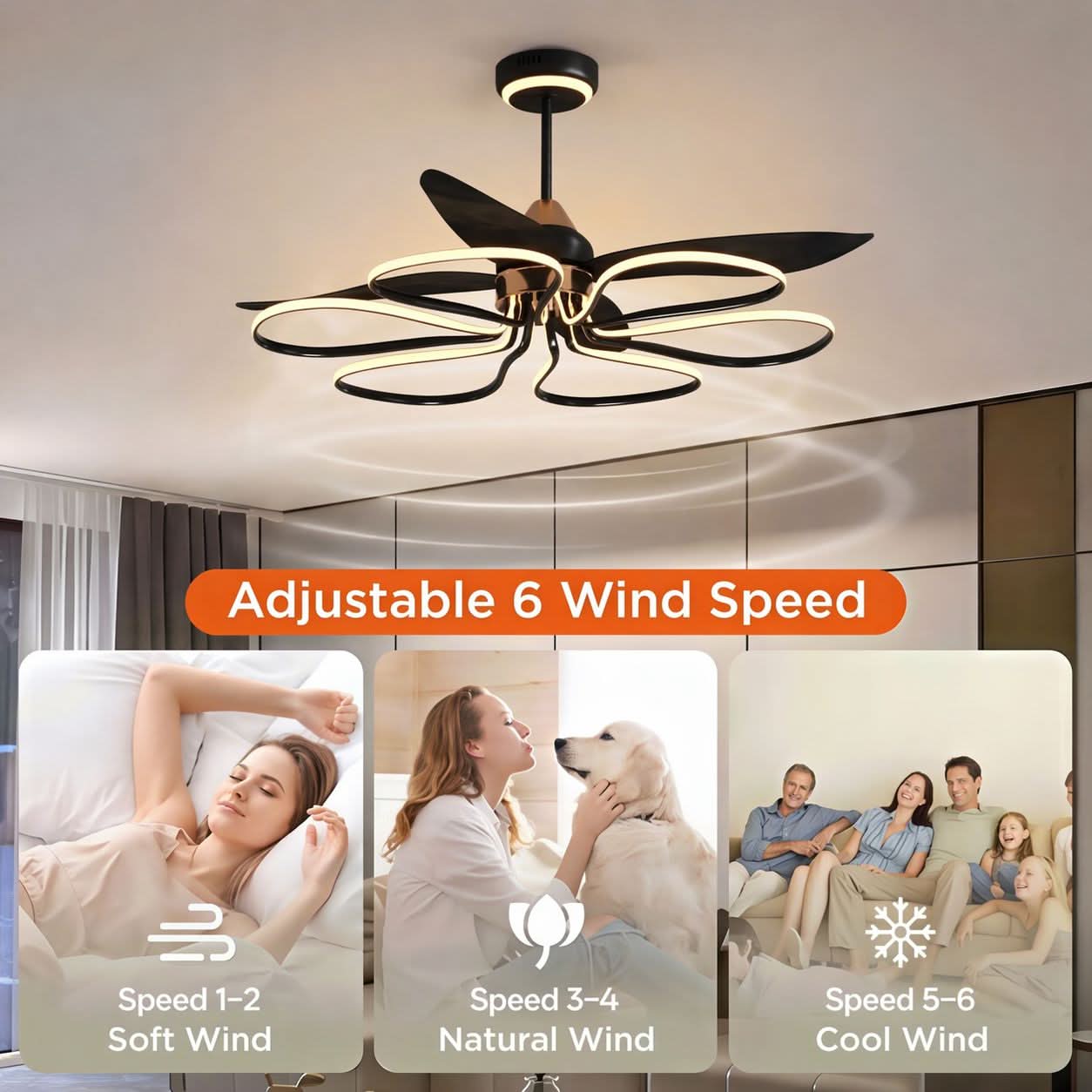 Lightsin 36-inch Black Modern Petal LED Ceiling Fan with Light - 6-Speed with Remote Control