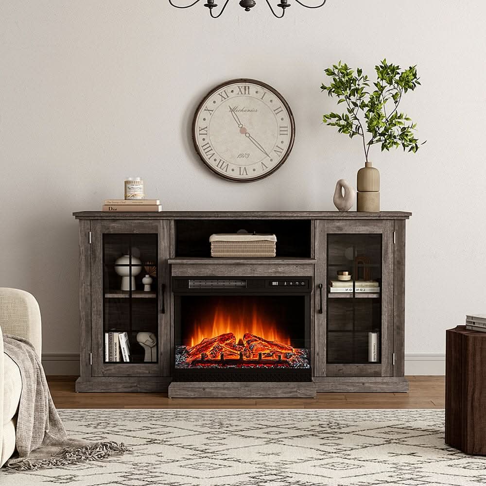 Smallbee Panoramic Glass Fireplace TV Stand with Storage Cabinets, Customizable Flames & Remote Control