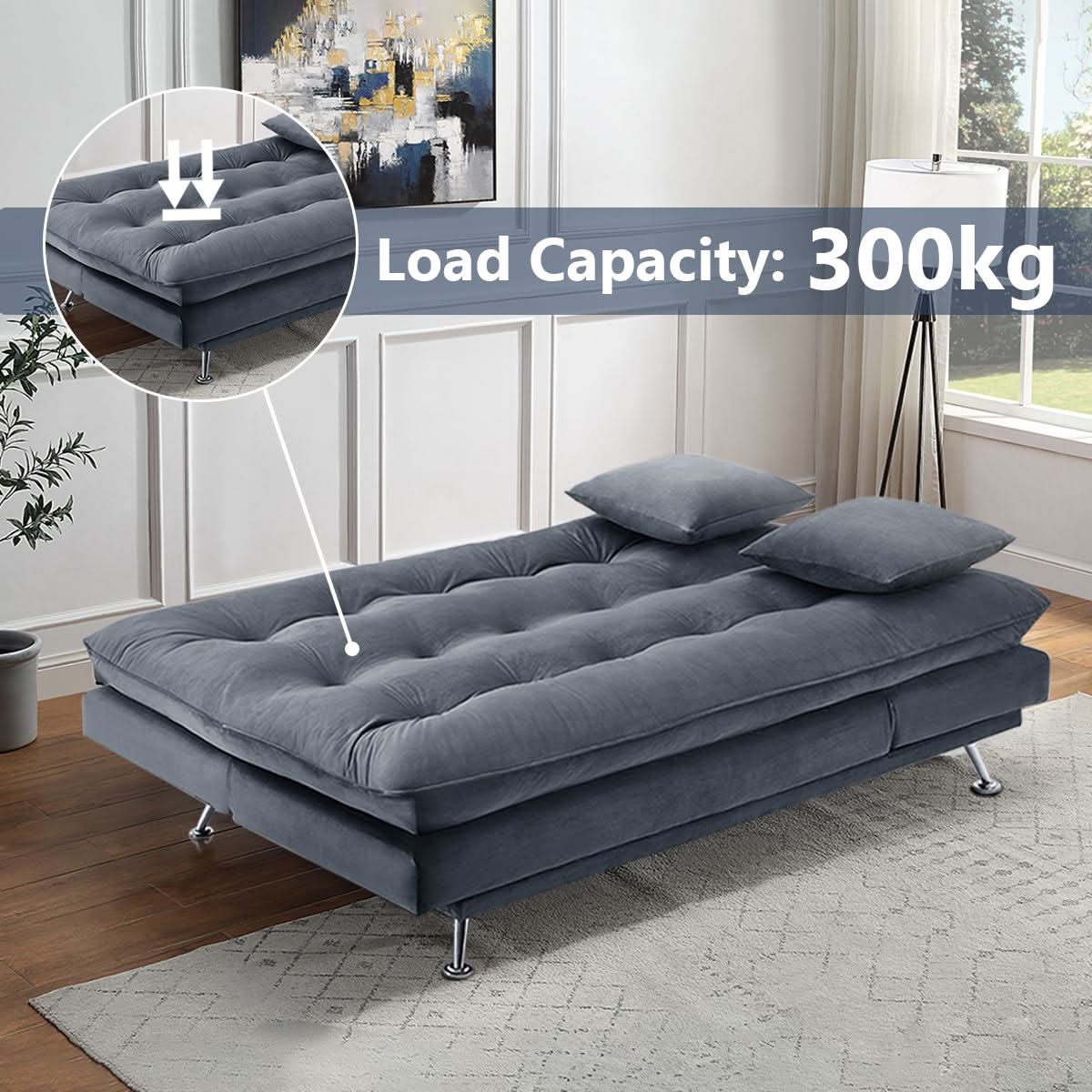 Modern 3-Seater Linen Fabric Sofa Bed with Cushions and 2 Pillows