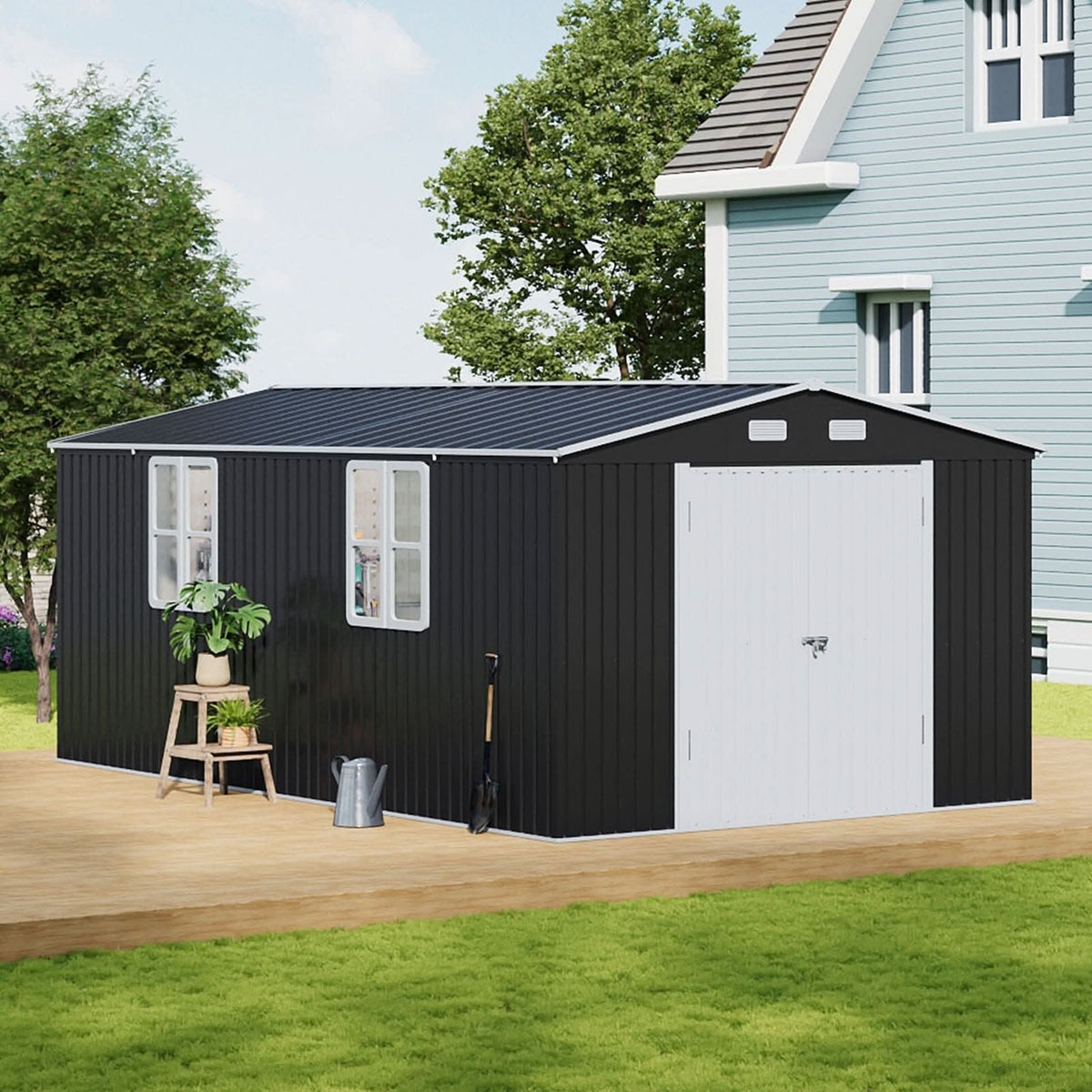 12x10ft / 10x12ft / 10x16ft Charcoal Black Galvanized Steel Storage Shed with Double Lockable Doors & Grid Windows