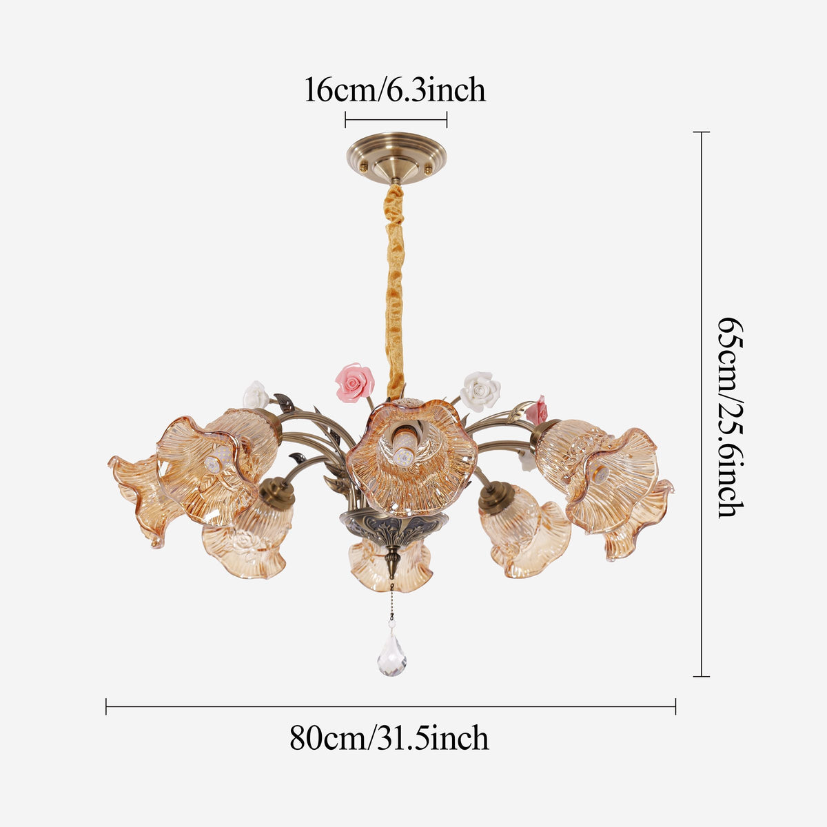 Antique Bronze and Amber Vintage 8-Light Ceramic Flower Pendant Light