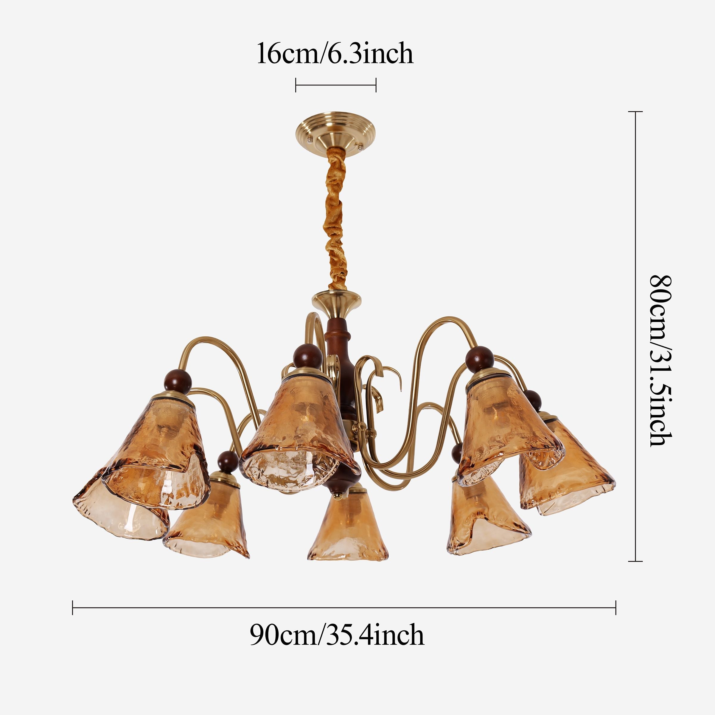 8-Light Walnut Vintage Cut Glass Chandelier | Wood and Iron Ceiling Lamp
