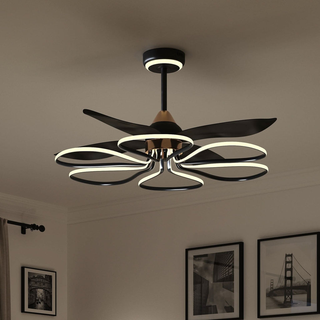 Lightsin 36-inch Black Modern Petal LED Ceiling Fan with Light - 6-Speed with Remote Control
