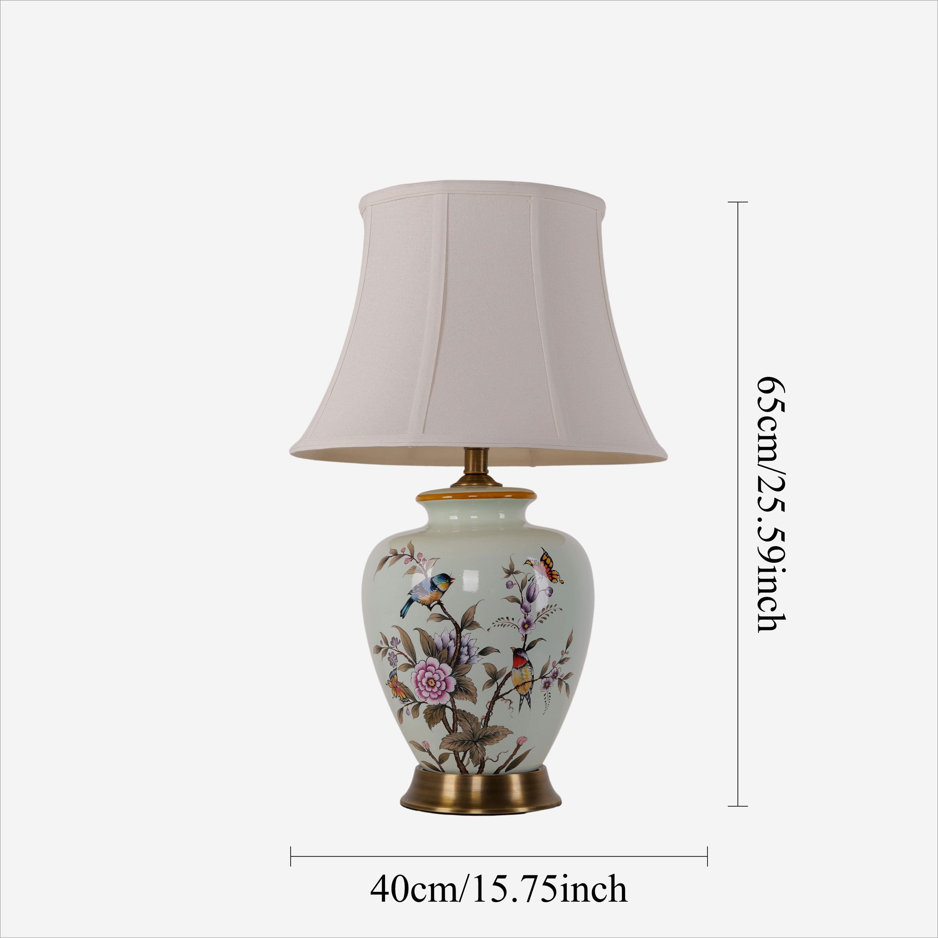 Lightsin Hand-Painted Vintage Ceramic Bird & Floral Table Lamp in Soft Celadon Green