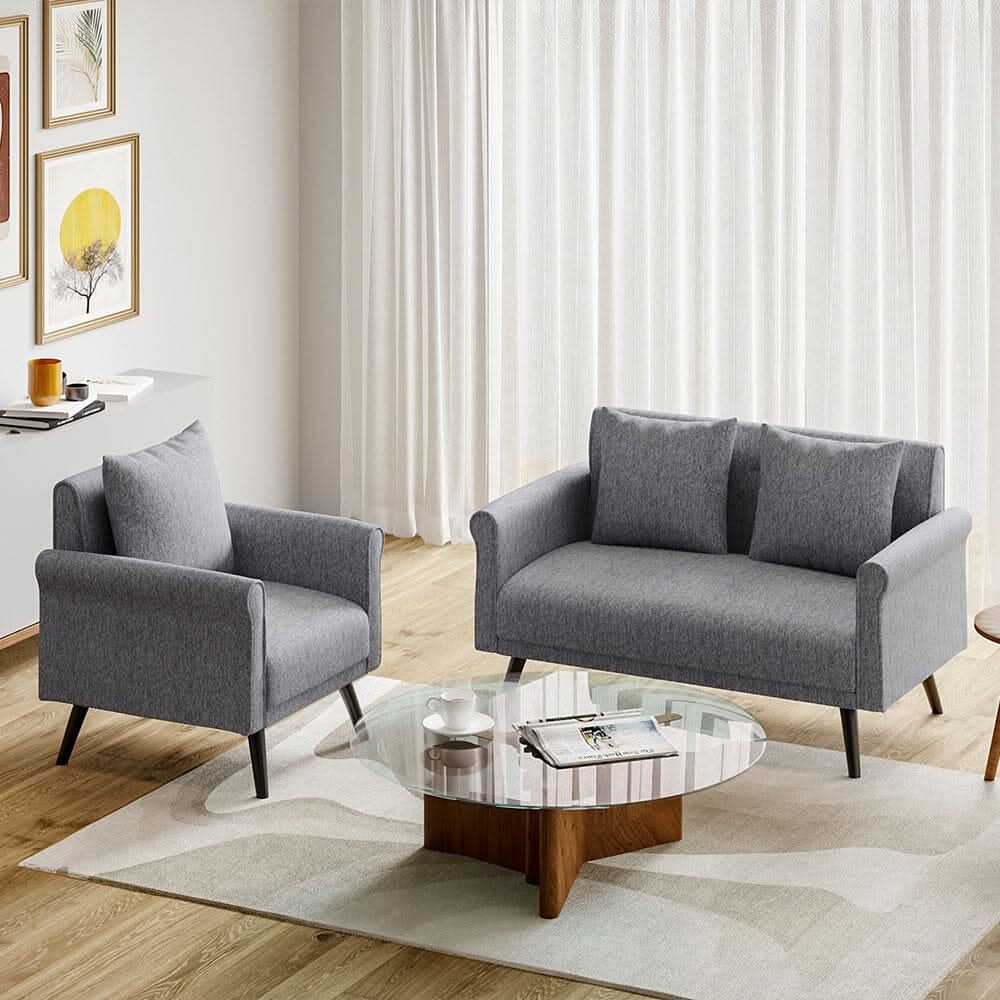 Modern Upholstered Fabric Sofa 2 Seater with 2 Pillows in Grey