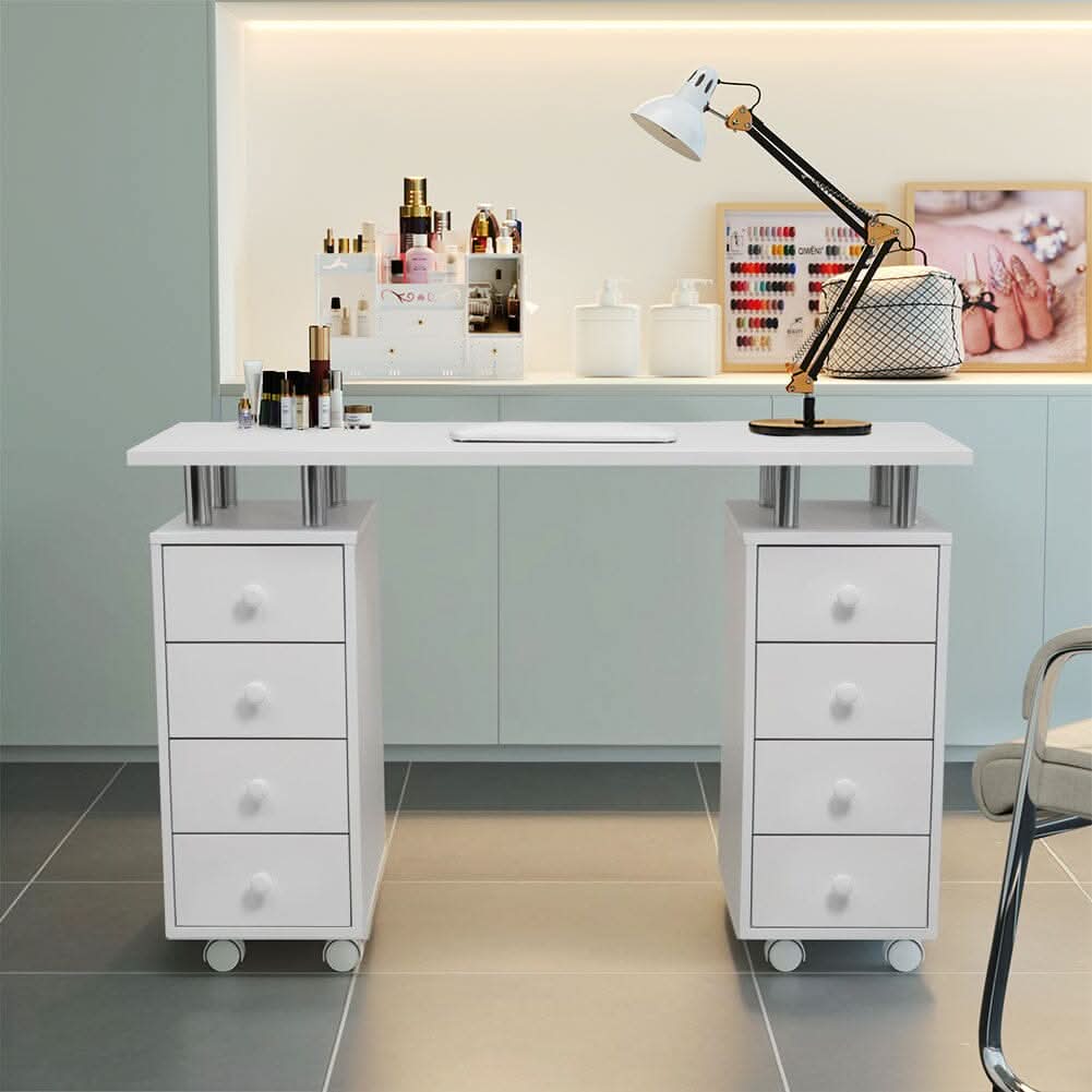 120cm W White Professional Manicure Table on Wheels with 8 Drawer