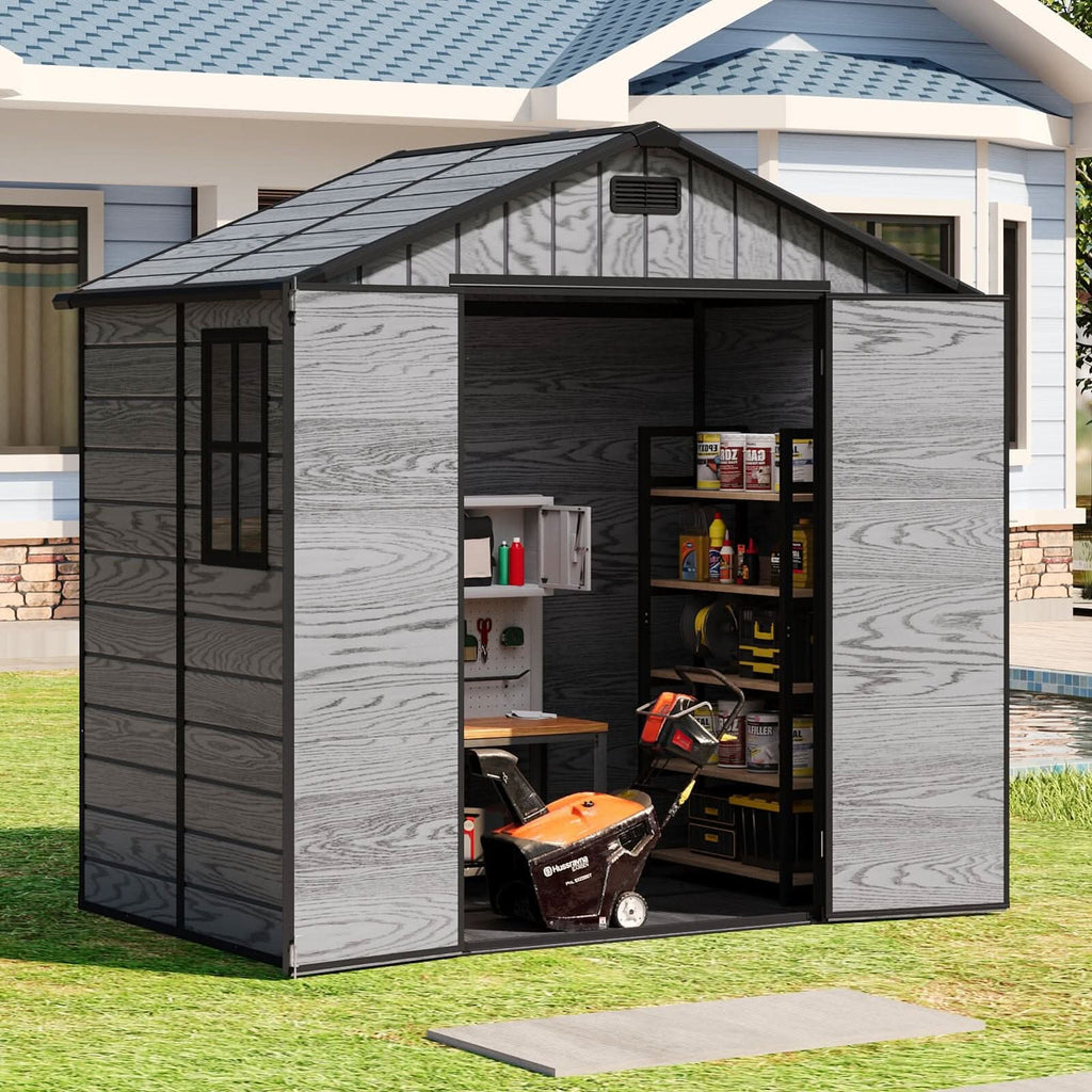 8x4/6x6ft PP Outdoor Apex/Flat Roof Garden Storage Shed with Window and Vent