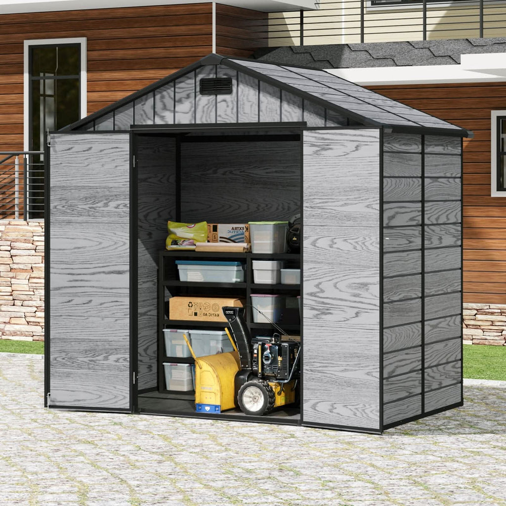 8x4/6x6ft PP Outdoor Apex/Flat Roof Garden Storage Shed with Window and Vent