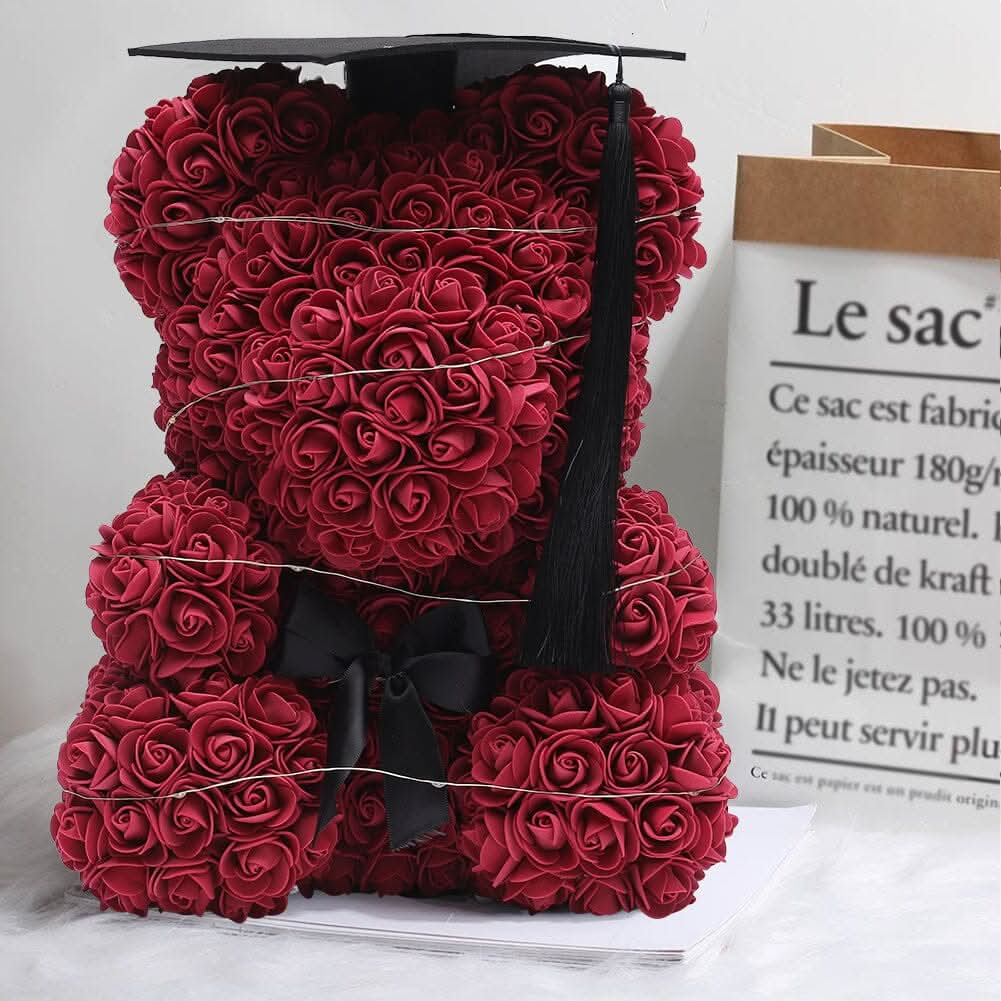 Simulation Foam Forever Rose Teddy Bear Gift Box-Black Tassel Black Hat-Wine Red