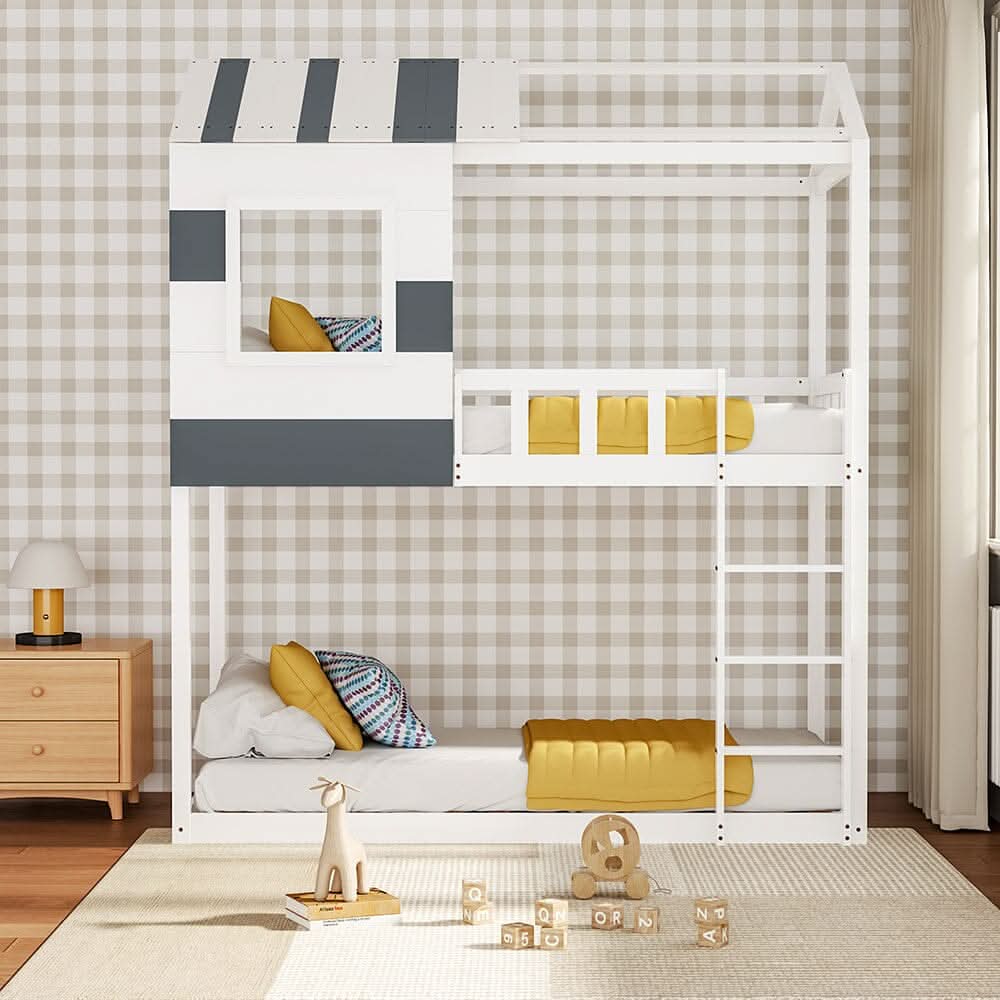 Modern Twin Bunk Bed Slatted Board House Shaped
