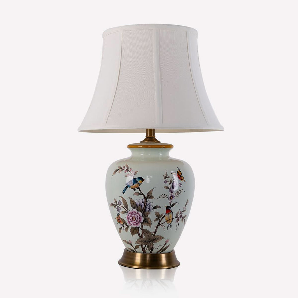 Lightsin Hand-Painted Vintage Ceramic Bird & Floral Table Lamp in Soft Celadon Green