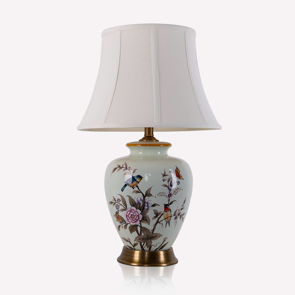 Lightsin Hand-Painted Vintage Ceramic Bird & Floral Table Lamp in Soft Celadon Green
