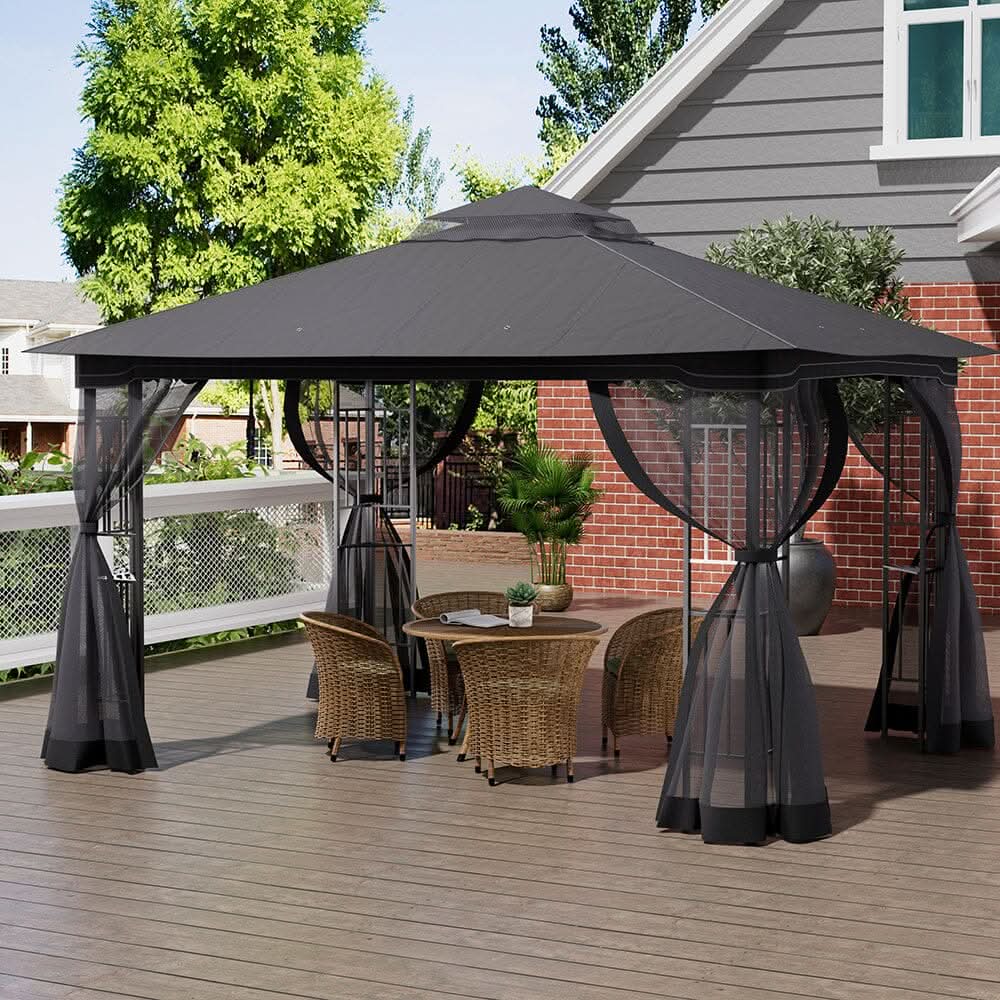 13ft Outdoor Pergola Premium Iron with Sheer Charcoal Gray Screens
