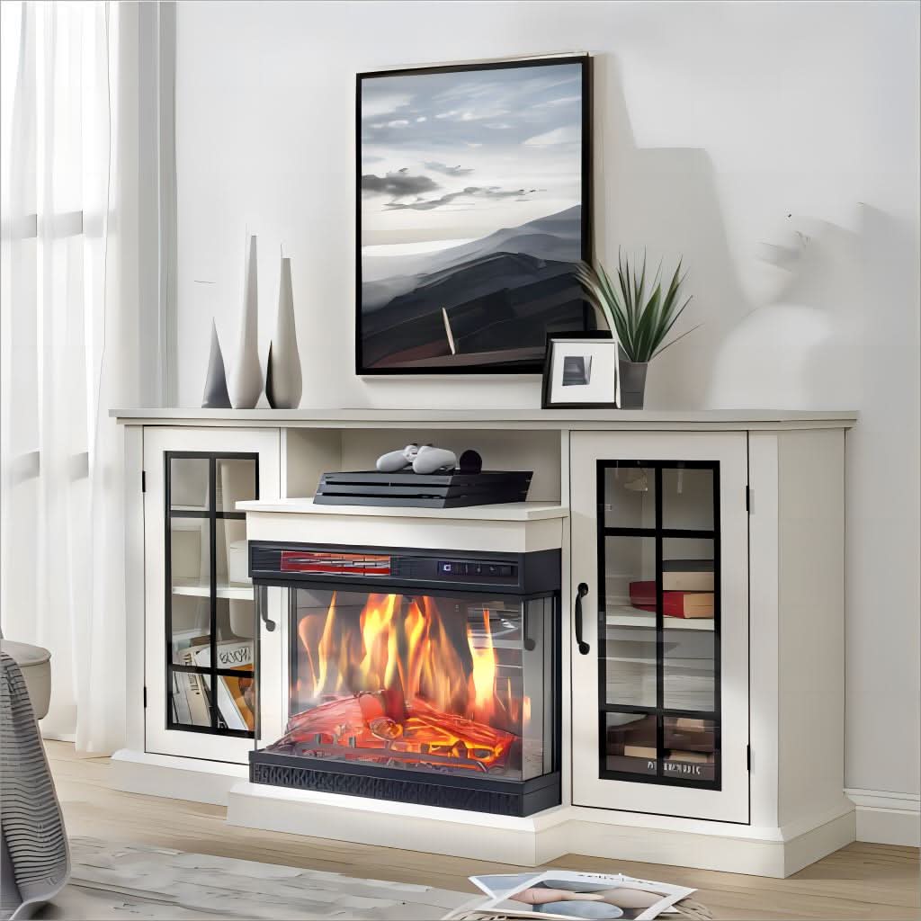 Smallbee Panoramic Glass Fireplace TV Stand with Storage Cabinets, Customizable Flames & Remote Control