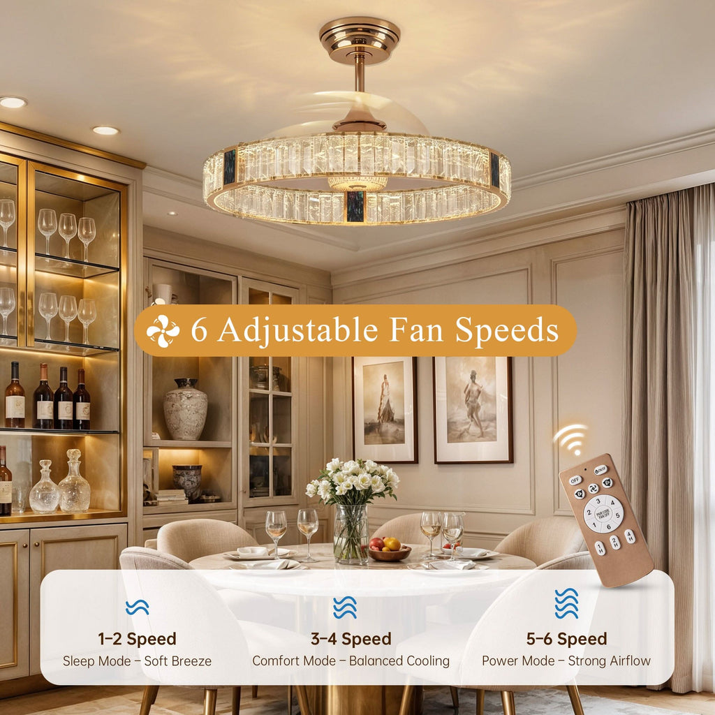 Lightsin 60cm Gold Crystal Ceiling Fan with LED Light, Remote Control & 6 Speeds