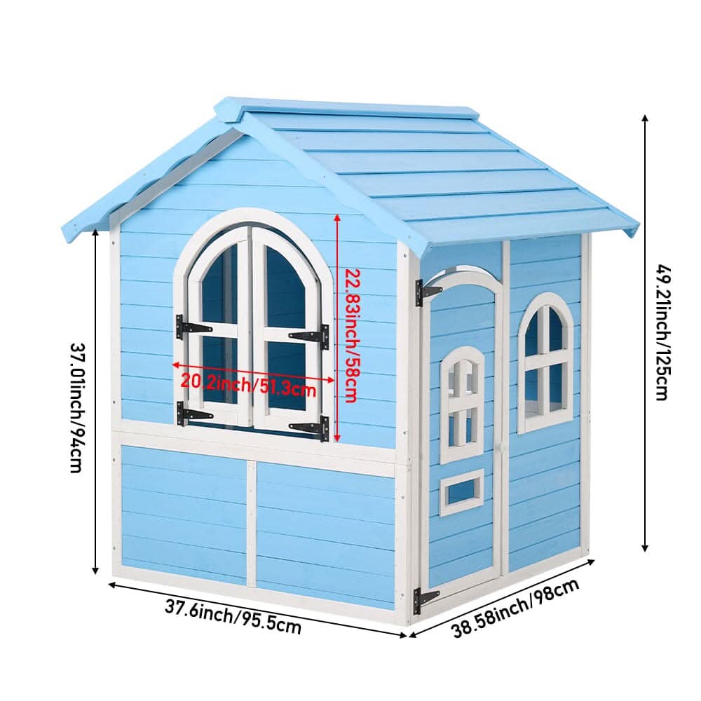Blue Wooden Playhouse for Kids with Doors & Windows – Polished Fir Wood, Easy Assembly