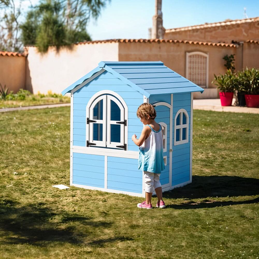 Blue Wooden Playhouse for Kids with Doors & Windows – Polished Fir Wood, Easy Assembly