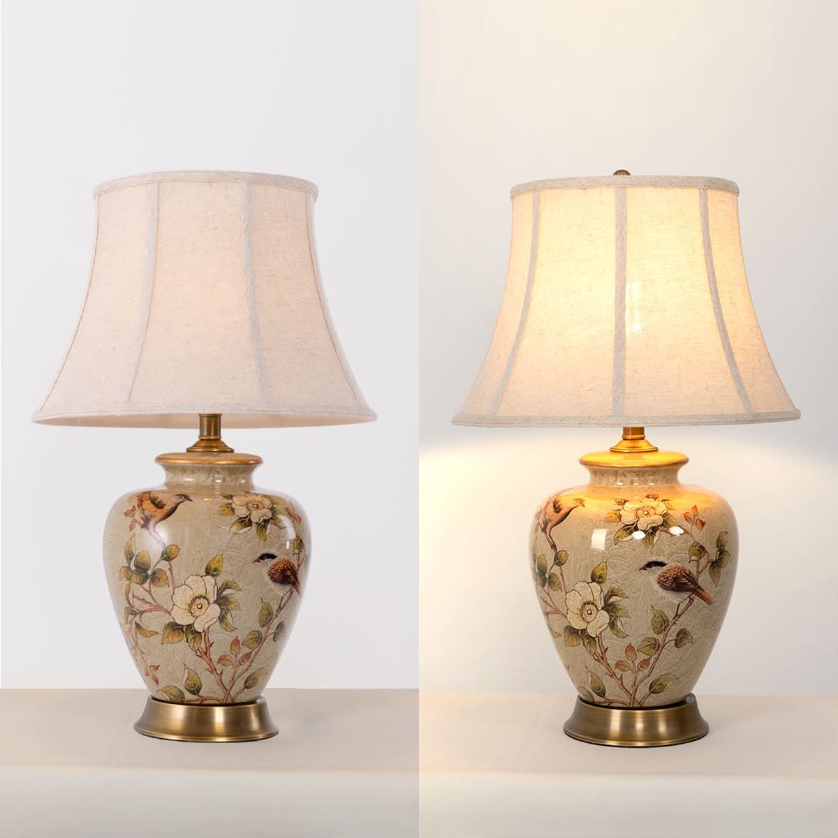 Lightsin Vintage Ceramic Bird-Pattern Table Lamp with Fabric Shade