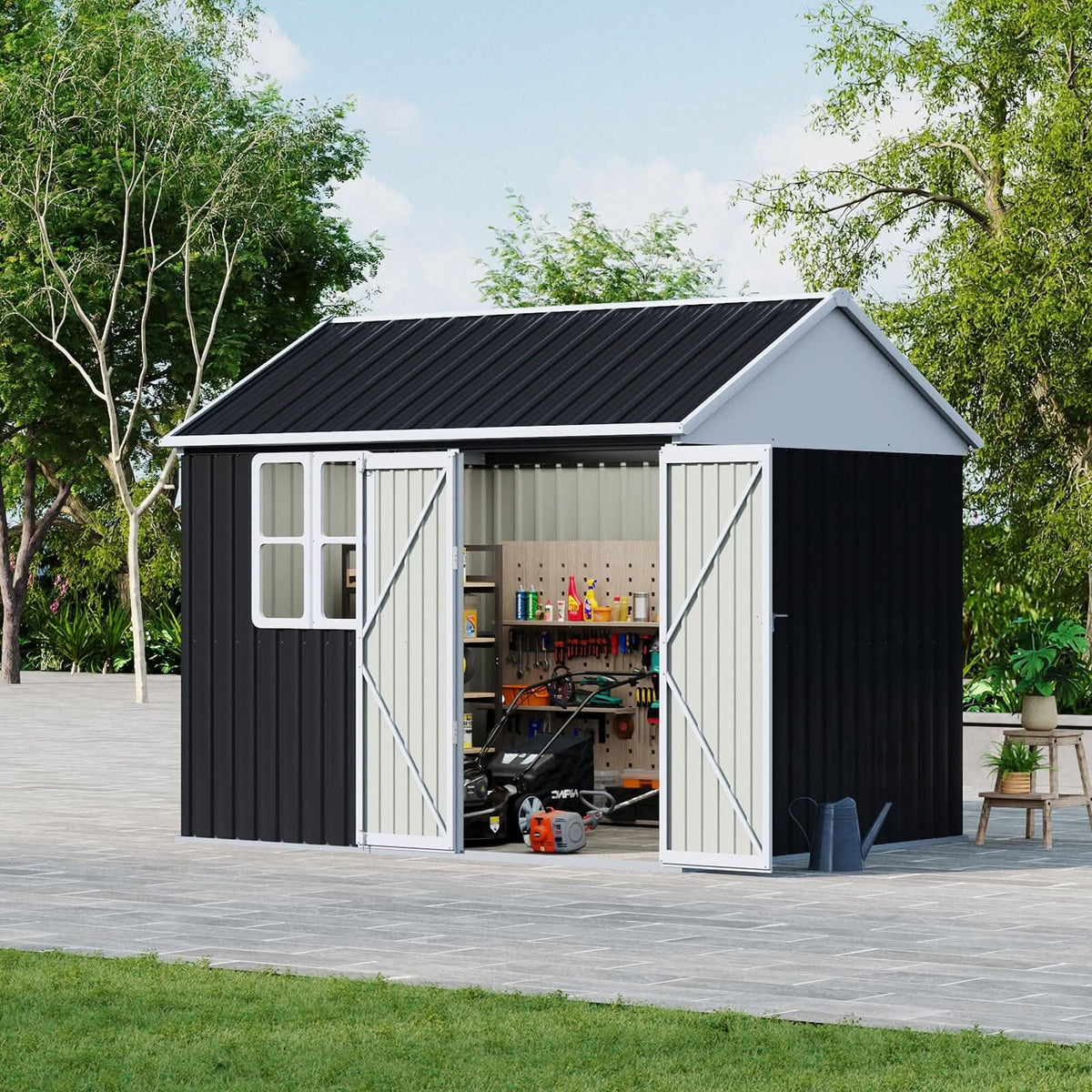 7X4ft/8.5X5.5ft/10x8ft Charcoal Black Storage Shed with Double Doors and Grid Window