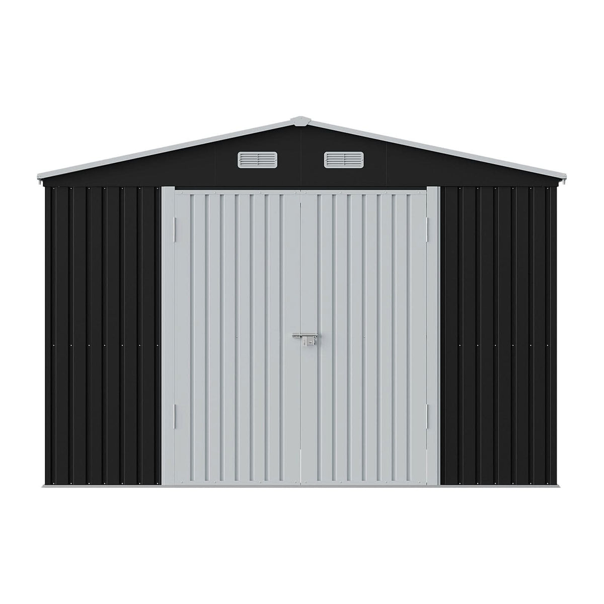 12x10ft / 10x12ft / 10x16ft Charcoal Black Galvanized Steel Storage Shed with Double Lockable Doors & Grid Windows