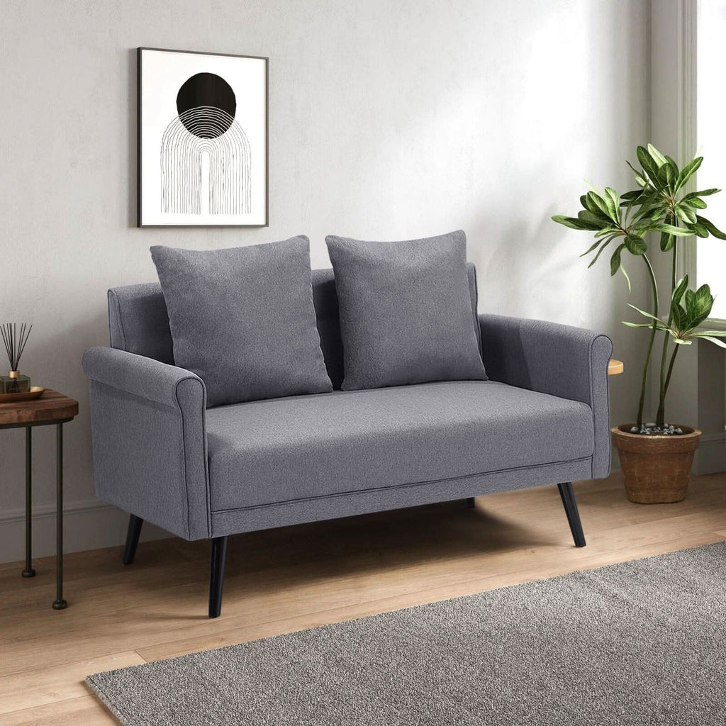 Modern Upholstered Fabric Sofa 2 Seater with 2 Pillows in Grey
