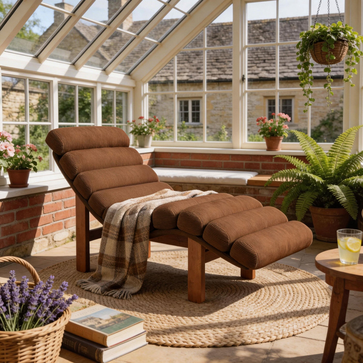 Cottonfy Modern Ergonomic Corduroy Chaise Lounge with Natural Wooden Frame