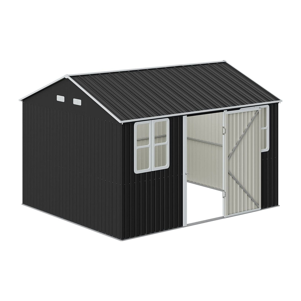 12x10ft / 10x12ft / 10x16ft Charcoal Black Galvanized Steel Storage Shed with Double Lockable Doors & Grid Windows
