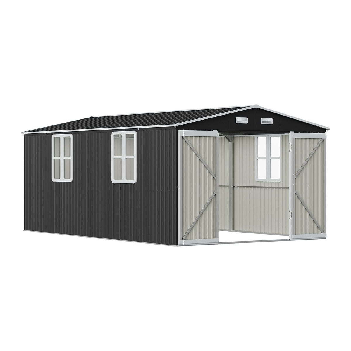 12x10ft / 10x12ft / 10x16ft Charcoal Black Galvanized Steel Storage Shed with Double Lockable Doors & Grid Windows