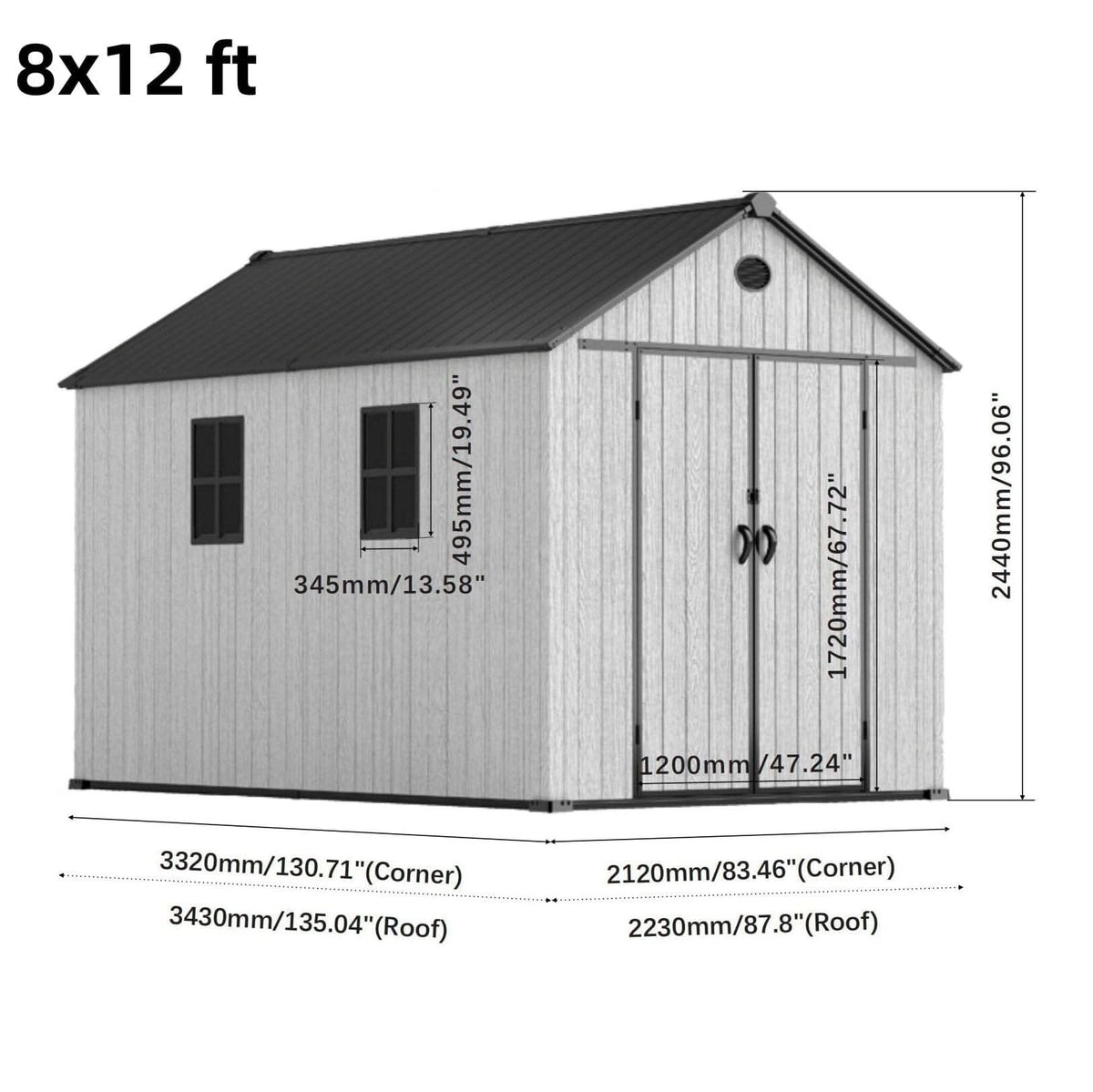 6'x8'ft/8'x8'ft/8'x12'ft/8'x16'ft Gray Wood Grain Plastic Tool Shed