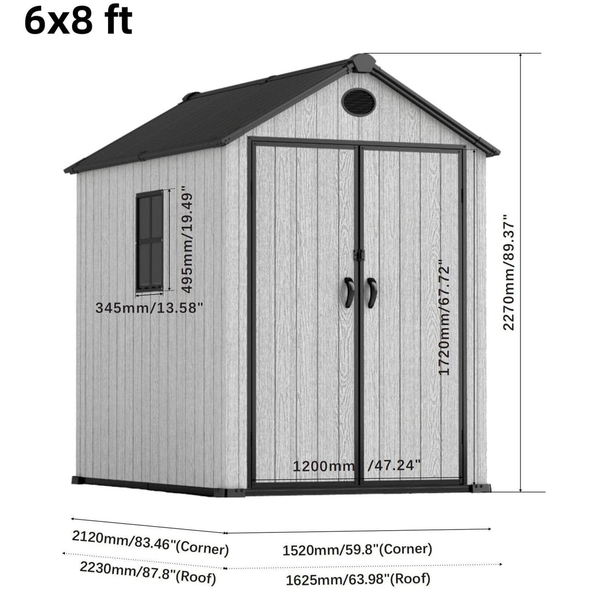 6'x8'ft/8'x8'ft/8'x12'ft/8'x16'ft Gray Wood Grain Plastic Tool Shed