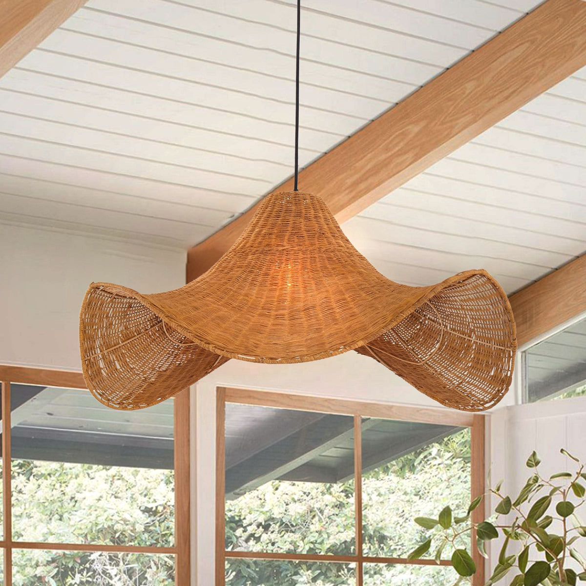 Lightsin Handwoven Rattan Pendant Light Natural & White Hat-Shaped Ceiling Light