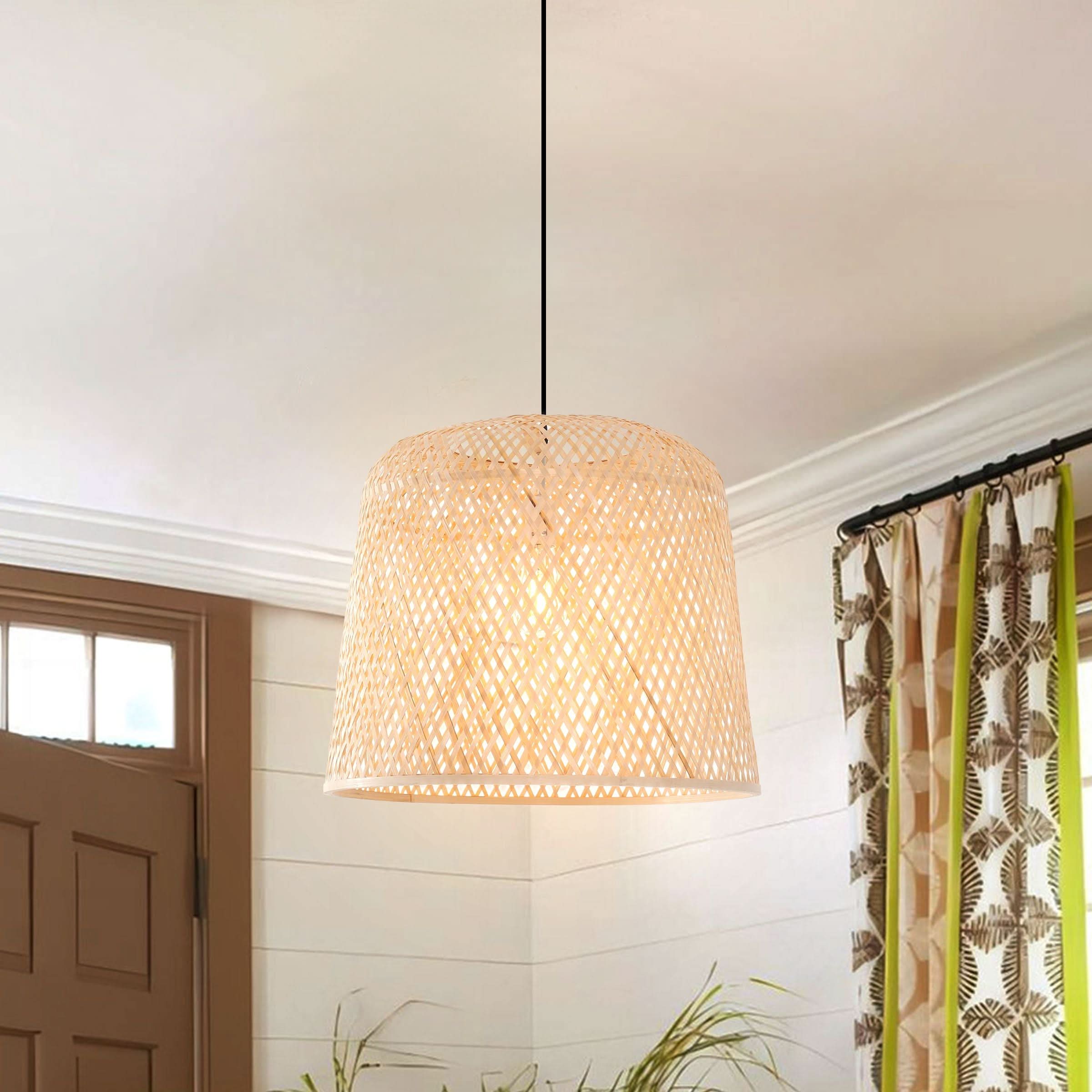 Lightsin Cella-Bamboo Pendant Light – Handwoven Cylindrical Ceiling Light with Cross-Weave Shade for Kitchen, Bedroom & Living Room