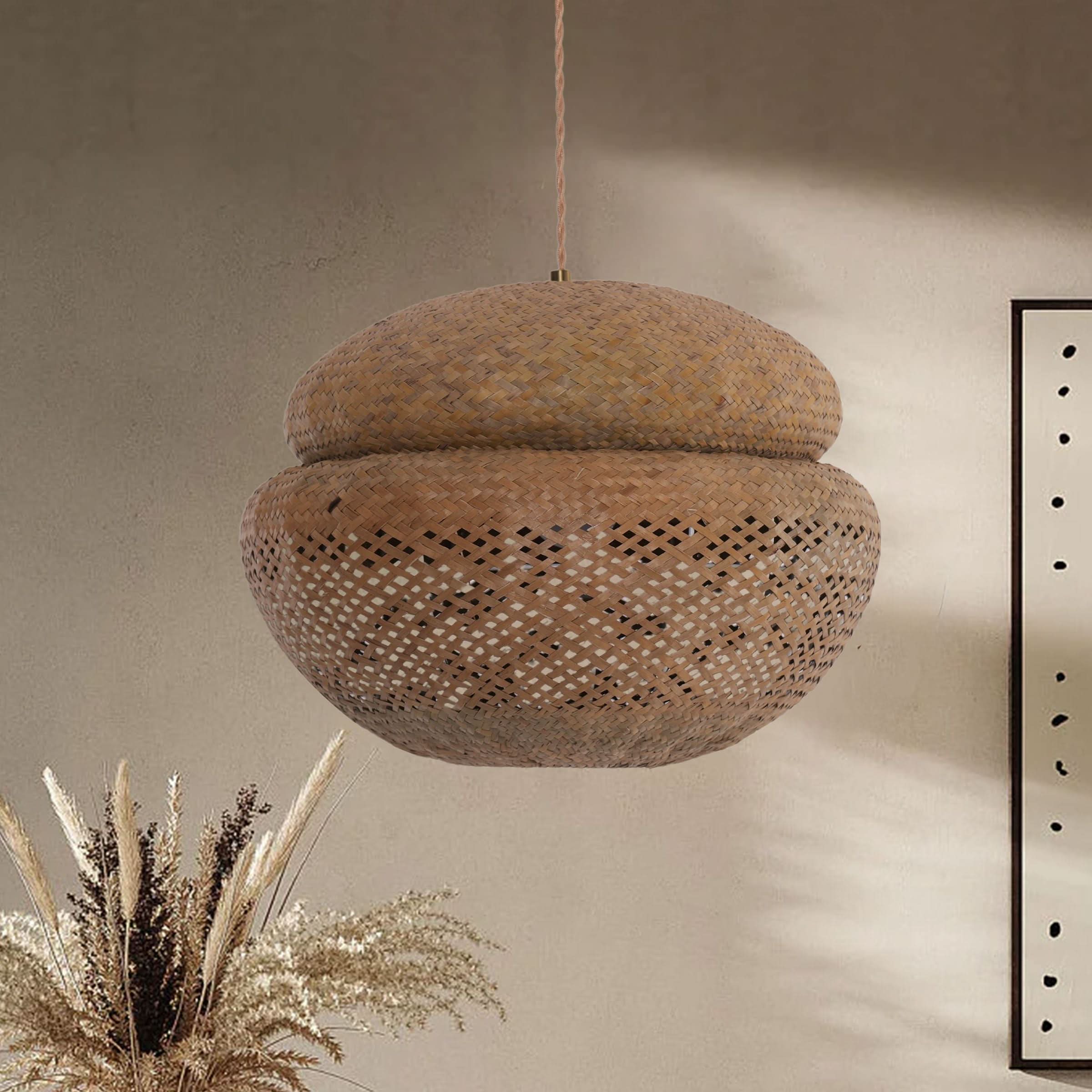 Lightsin Handwoven Natural Bulrush Pendant Ceiling Light with Pot Lid-Inspired Design
