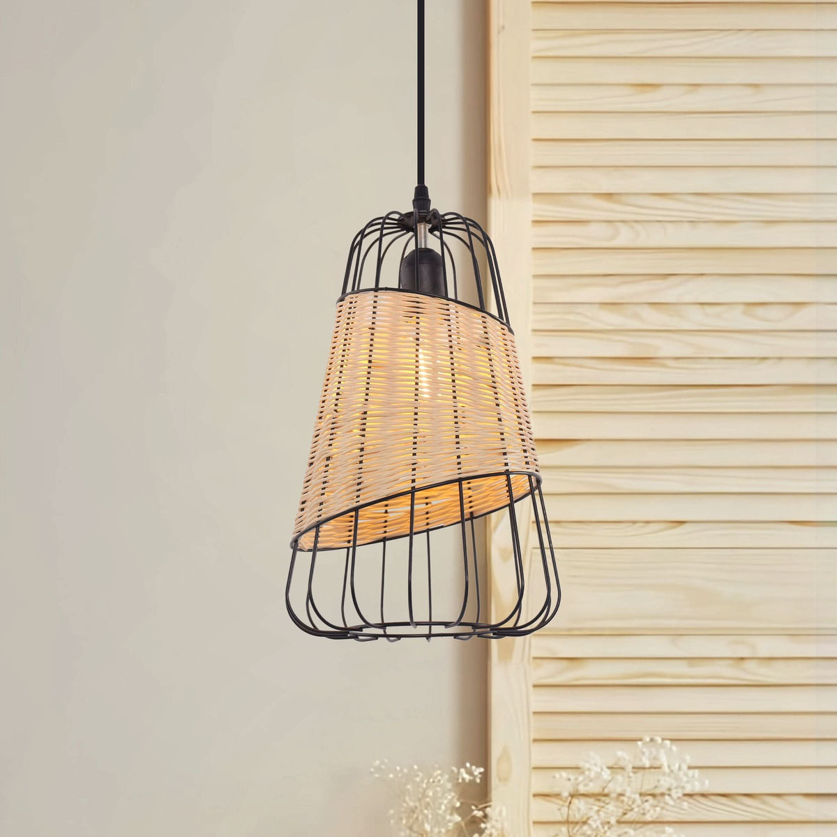 Glyph-Lightsin Rustic Iron Woven Rattan Pendant Light for Dining Room, Reading Corner & Bedroom