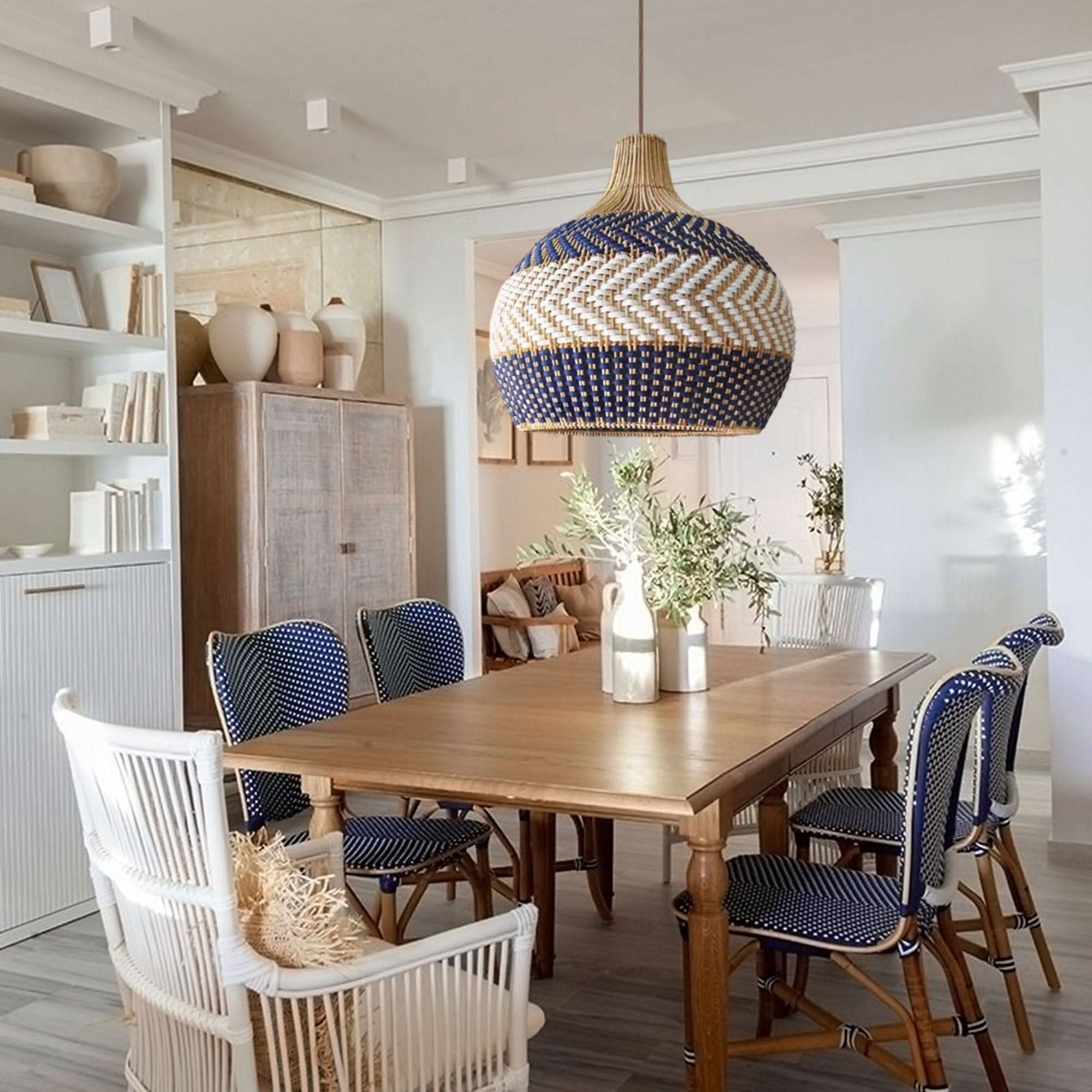 Lightsin Handwoven Blue and White Rattan Pendant Light