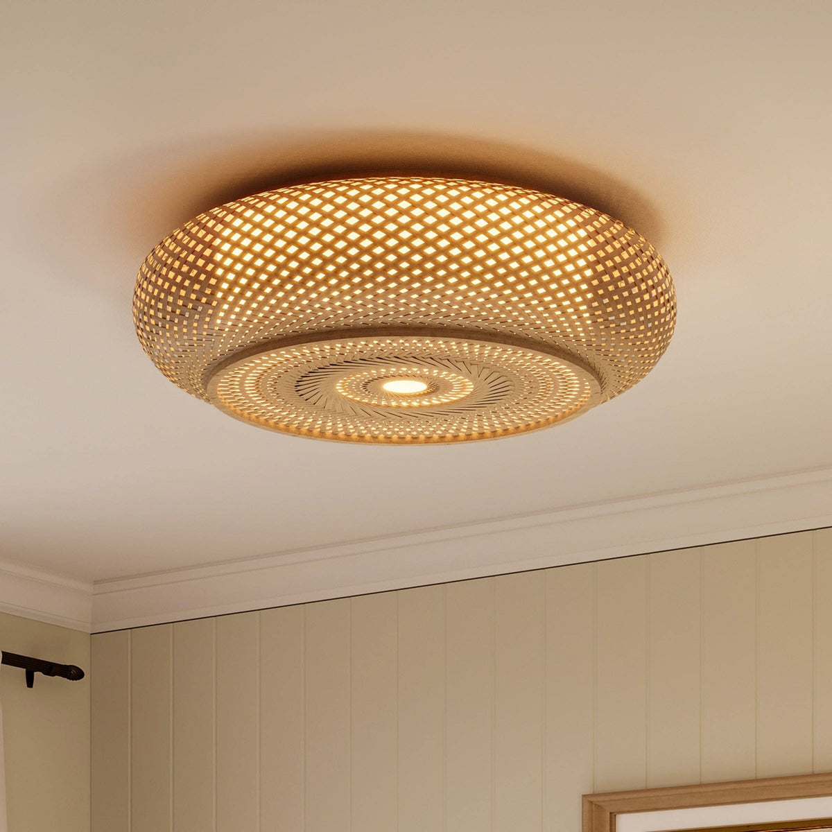 Lightsin Lutta-Japanese-Style Bamboo Rattan Pendant & Ceiling Light – Flat Flush Mount or Hanging Fixture for Bedroom, Living Room & More