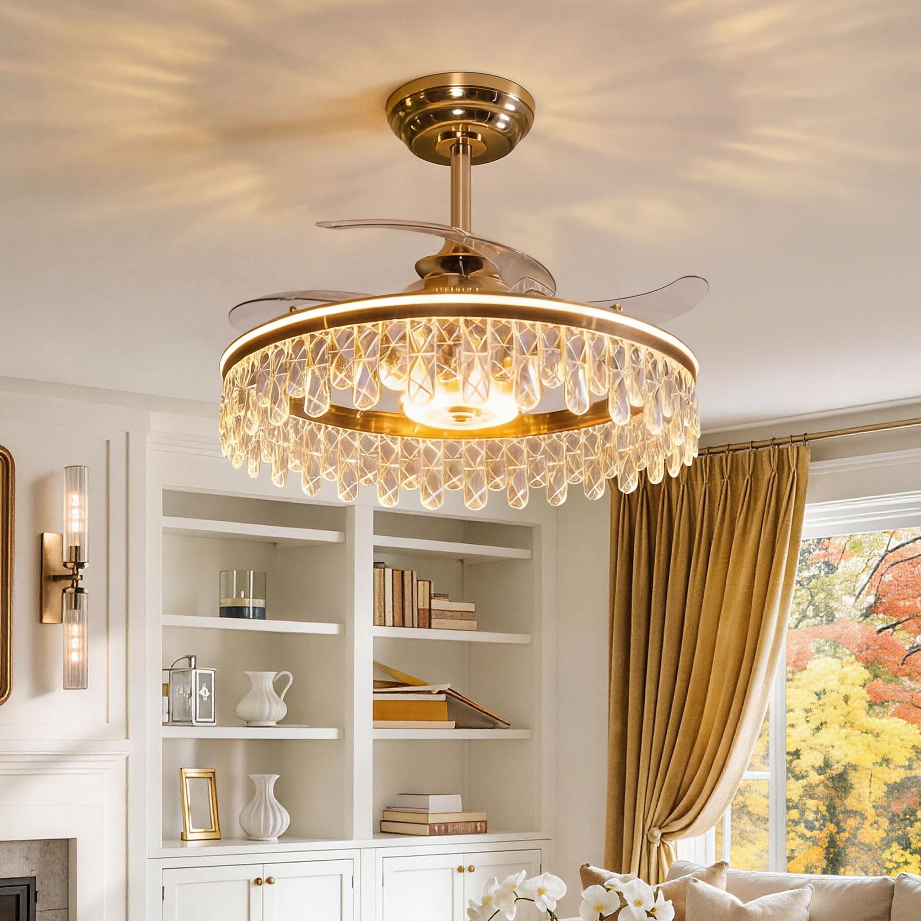 Lightsin 60cm Modern Gold Crystal Ceiling Fan with Light