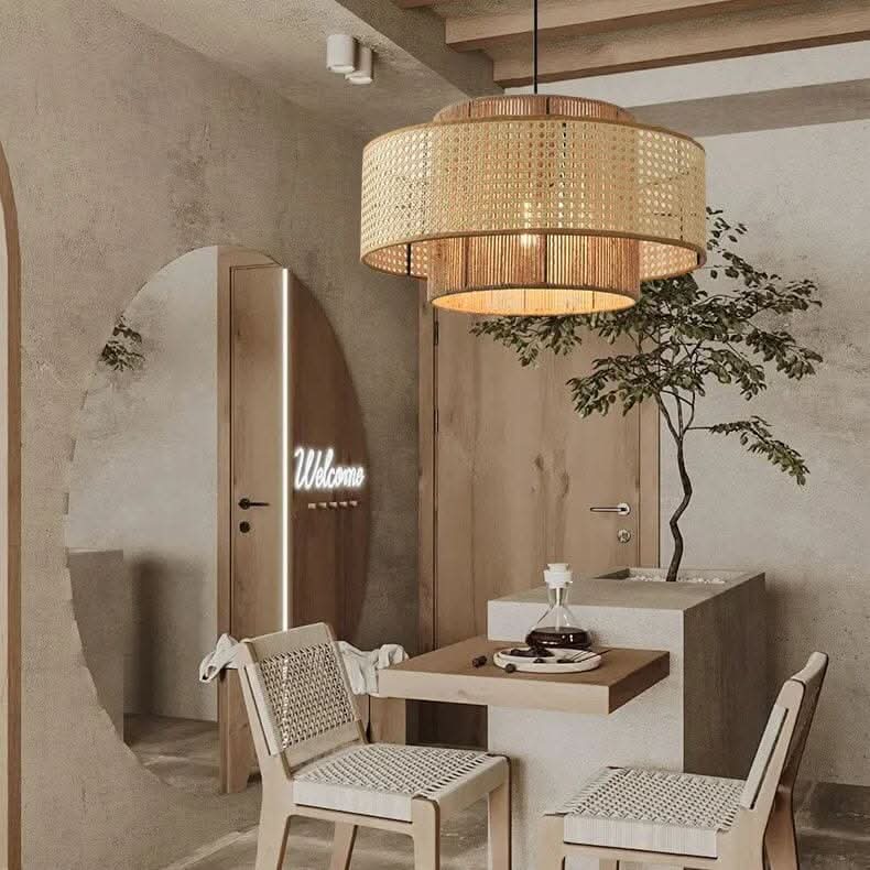Lightsin Natural Woven Rattan and Hemp Rope Rustic Pendant Light Fixture